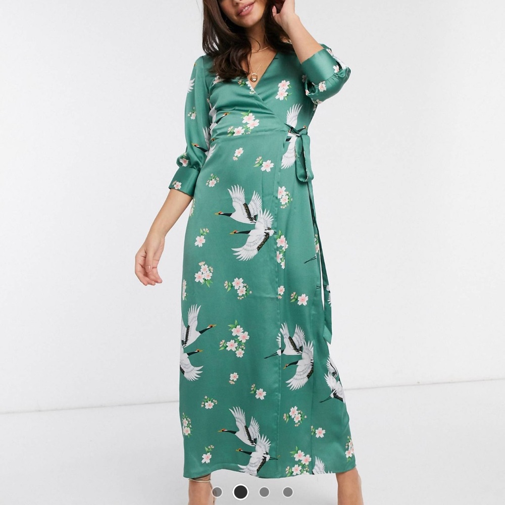 ASOS Green Wrap Maxi Dress with White Crane Print